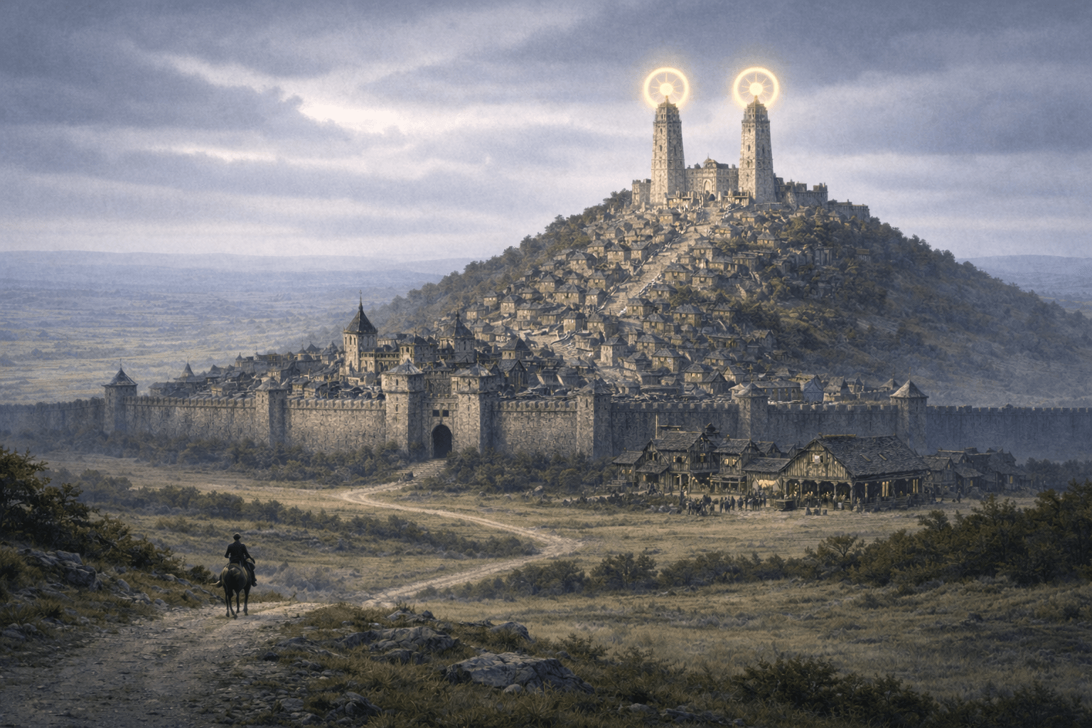 The fortified hill city of Valecourt with the twin towers of the Shrine of the Vale in Emisphare Mythology