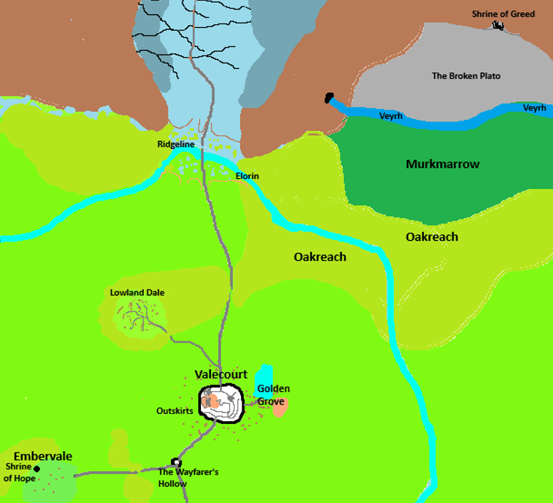 Map of Valelands in Alaenor, featuring Embervale and Valecourt - The Children of the Embervale, Emisphare Mythology.