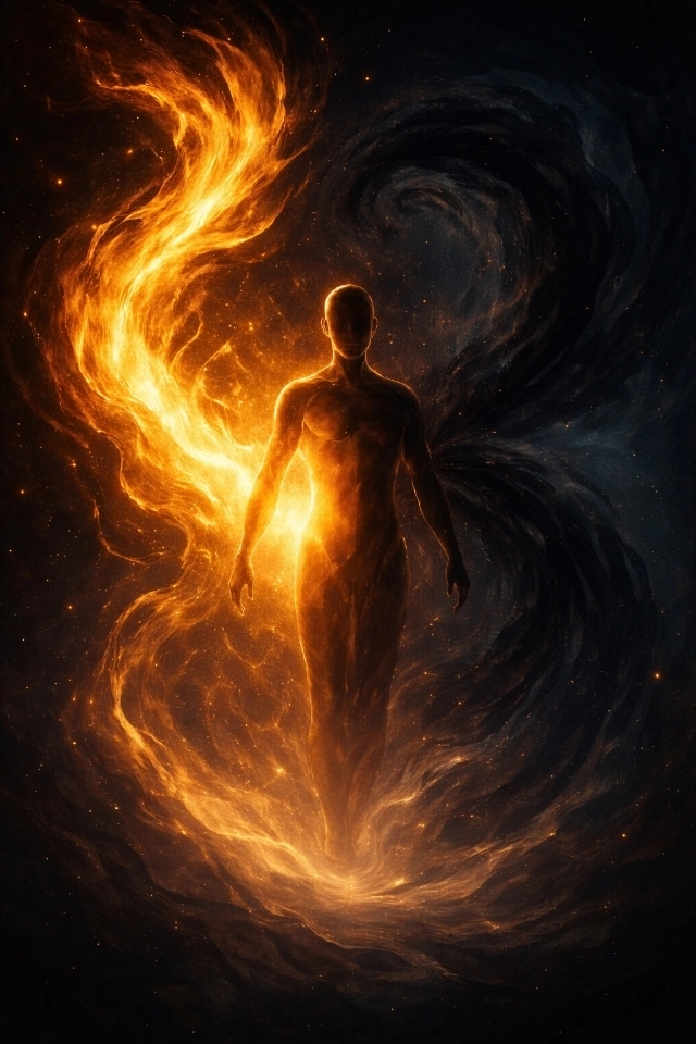 Abstract figure of light and shadow taking human form, symbolizing the Shards of emotion becoming flesh in Alaenor, Emisphare Mythology.