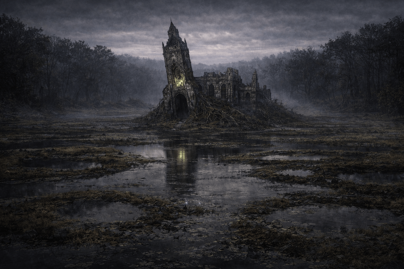 The Black Plain with a ruined stone structure half buried in dark marshlands in Emisphare Mythology