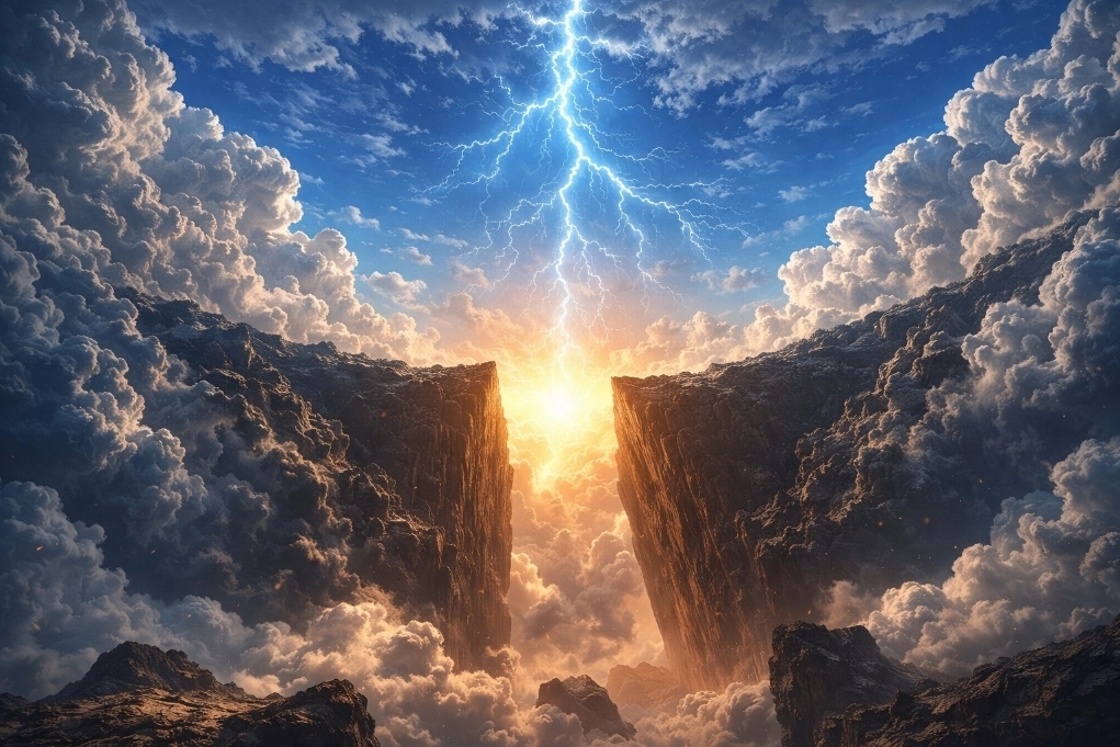 The sky splitting with lightning above a divided world, symbolizing the end of all things in the Fourth Conversation of Emisphare Mythology.