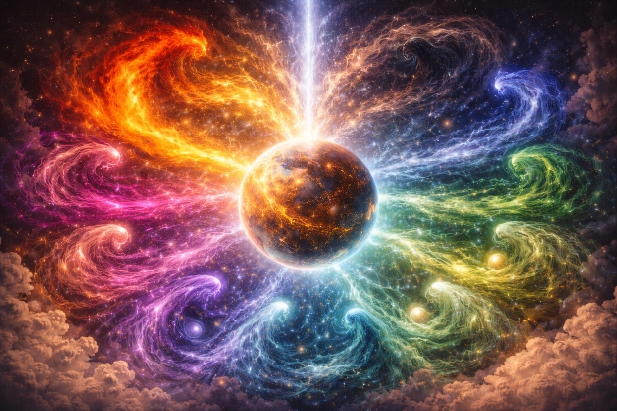 Radiant emotional energies circling the world of Alaenor and converging into a rising white flame, symbolizing the birth of Elun'thar, Emisphare Mythology