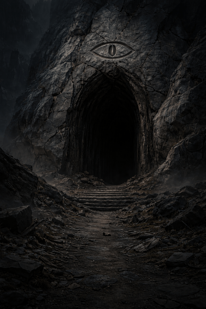 The Shrine of Greed carved into a mountain with a stone eye above the entrance in Emisphare Mythology