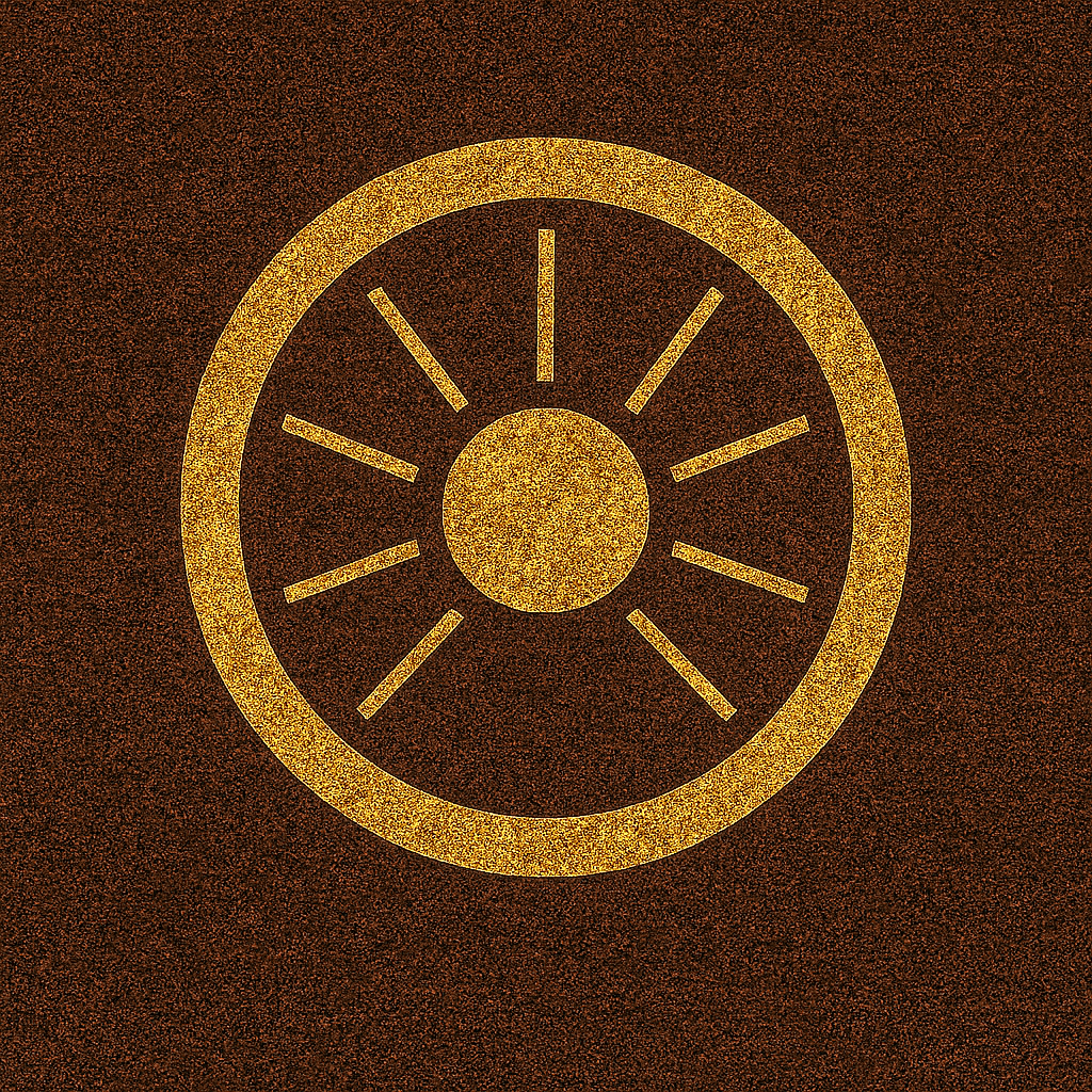 Valecourt emblem with nine radiating lines representing the nine Shrines and the central Shrine of the Vale in Emisphare Mythology