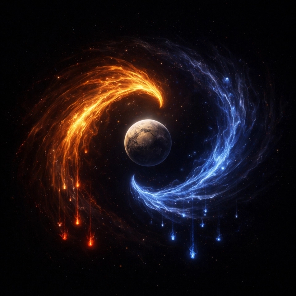 Abstract depiction of Light and Shadow circling a silent world in the abyss, their tears falling into the void as creation begins, Emisphare Mythology.